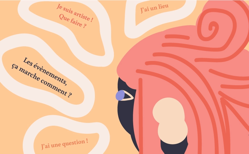 Illsutration d'une prise de contact représentant une femme entourée de bulles avec des remarques et des questions.